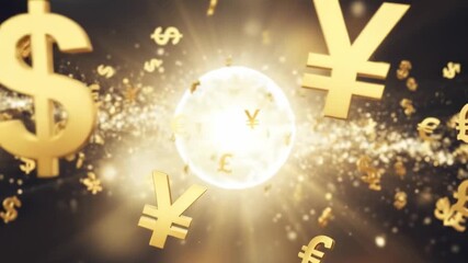 Golden currency symbols flow in a bright, abstract financial stream, representing global economy and wealth. - Powered by Adobe