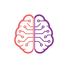 Stylized brain with circuit board lines in coral and purple halves mind thinking