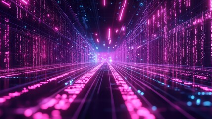 Digital data flowing through abstract futuristic neon tunnel