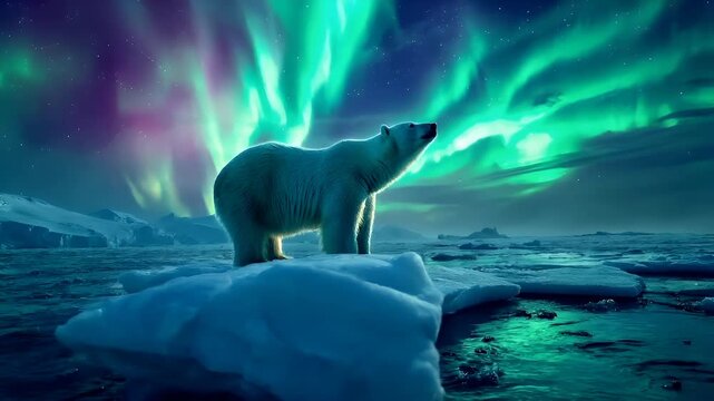 A vivid portrayal of a polar bear under the aurora borealis. The bear is depicted in a side profile, with its head raised and mouth open, possibly in a state of alertness or surprise.