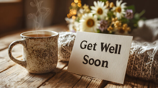 Warm cup of tea beside a heartfelt get well soon card with flowers in a cozy setting