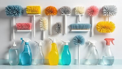 Organized Tool Rack with Cleaning Brushes and Sprayers A well organized wall mounted metal rack filled with a variety of cleaning tools. Includes several different sized brushes with sturdy bristles,