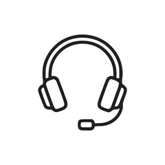 A simple black and white line drawing of a headset with a microphone on a white background