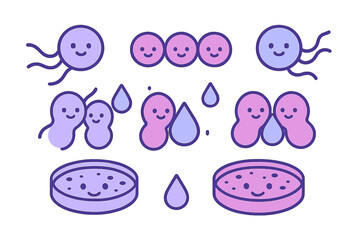 Set of smiling microscopic organisms cells bacteria and amoeba in laboratory Petri dishes