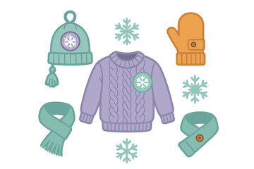 Cozy winter clothing collection featuring a cable knit sweater, beanie hat, scarf, and mitten with snowflakes