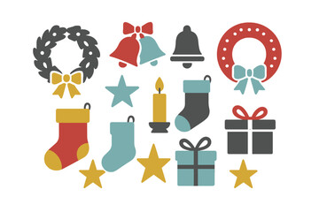 Classic Christmas and winter holiday symbols set including wreaths, bells, stockings, gifts, and stars