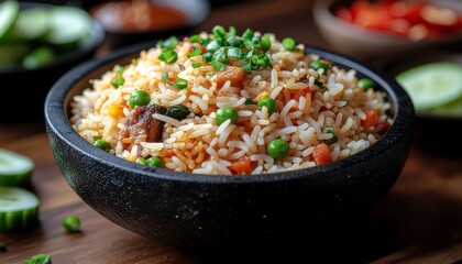 Indonesian Fried Rice (Nasi Goreng) in Black Stone Bowl, Professional Food Photography