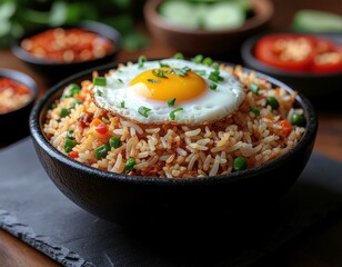 Indonesian Fried Rice (Nasi Goreng) in Black Stone Bowl, Professional Food Photography
