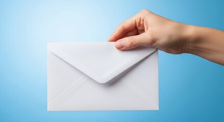 A hand holding a white envelope against a light blue background, close-up shot.