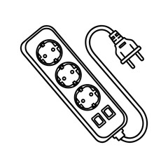 Vector line art illustration of a multi-socket power strip with an electrical plug, an essential household and office power distribution device in a modern minimalist style