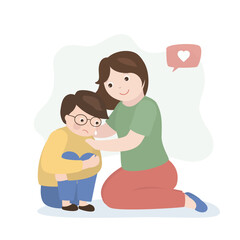 Mother offering solace to tearful little kid. Empathy, mom comforting crying son. Family, parent and child isolated on white background. Warm hugs.