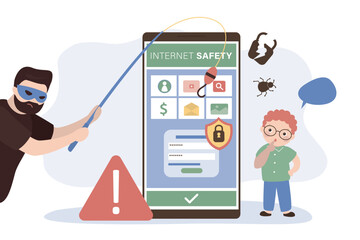 Little child with mobile phone is under cyber attack on internet. Anonymous hacker hacks into boy cellphone and steals data and passwords. Cyber crime,