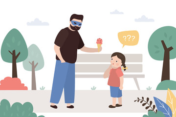 Danger and risk outside, little girl talking with stranger on playground. Kidnapper or pedophile, dangerous man in mask. Anonymous offers child ice cream,