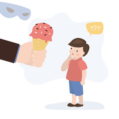 Danger and risk outside, little boy talking with stranger. Kidnapper or pedophile, dangerous man in mask. Anonymous offers child ice cream, temptation for cute kid