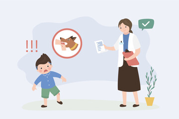 Aggressive dog attacks and bites a small boy. Female doctor gives pills to a child bitten by a dog. Medical care, immunization, and the fight against dangerous infection