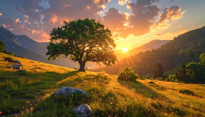 A vibrant sunrise casts a golden glow over a green field, a lone tree, and mountain ranges, creating a scenic vista