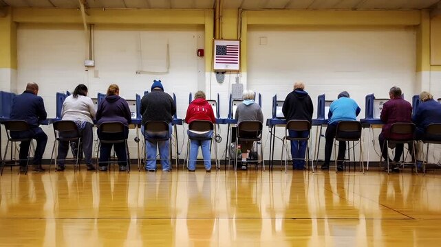 AUTHENTIC voting booths in a gymnasium with wooden flooring and white walls. The voting booths are equipped with chairs and tables, and the floor is a polished wooden surface. The room is welllit.