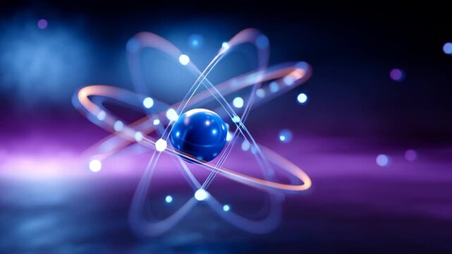 Stunning 3D illustration of an atom showcasing energy and science concepts in a vibrant, colorful design