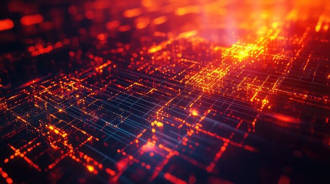 Digital data flowing through abstract circuit board network