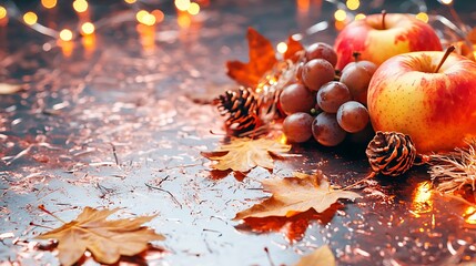 Warm rustic setup showcasing apples, grapes, and dry leaves on metallic copper tone