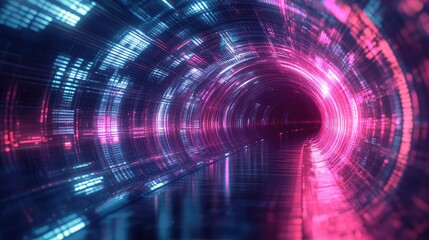Abstract glowing tunnel transmitting data with neon light