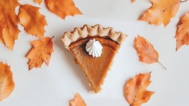 Warm rustic fall setup featuring pumpkin pie slice surrounded by orange leaves under daylight