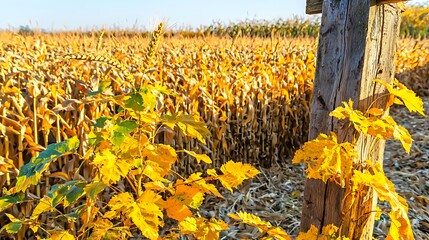 Obraz premium Warm harvest concept with wheat and corn on creamy golden surface softly glowing