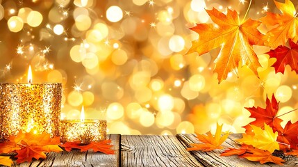 Warm candlelight reflecting on wood table with vibrant orange leaves scattered gently
