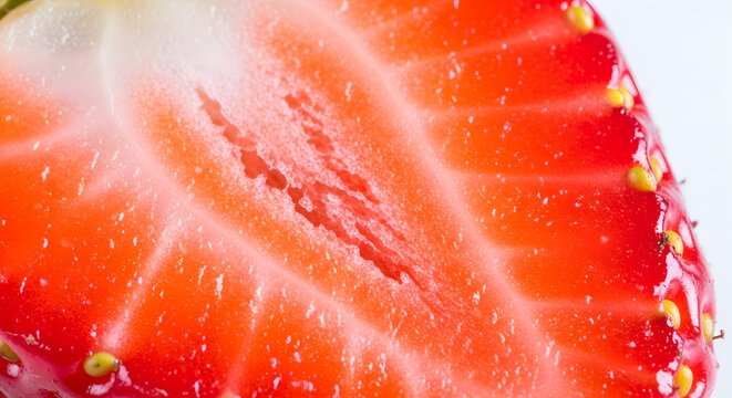 Juicy strawberry slice, vibrant red fruit texture for healthy eating promotion or summer dessert concept, fresh and delicious taste sensation