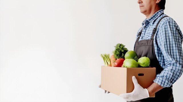 A man in a blue and white checkered shirt and apron holds a cardboard box filled with fresh vegetables. He is wearing white gloves and has a focused expression on his face.