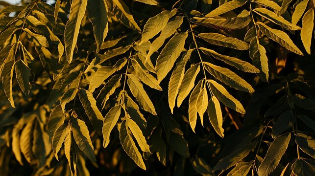 Sunbeams penetrating foliage creating glowing orange-yellow tones in soft airy atmosphere