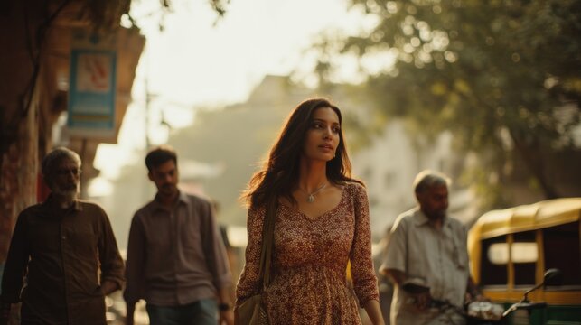 A confident woman strolls gracefully along a lively street filled with people during sunset. The warm light highlights her presence against the backdrop of busy passersby and colorful signs