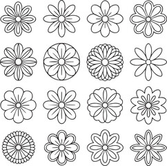 Collection of sixteen black and white floral outlines 1