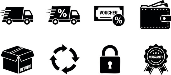 Delivery truck fast shipping discount voucher wallet box return recycle lock warranty vector icons set