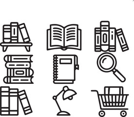 Various black and white line art illustrations of books and reading related items