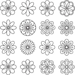 Collection of sixteen black outline floral motifs on white 2