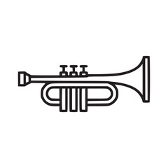 A simple line drawing of a trumpet isolated on a white background in a horizontal position © Sophia