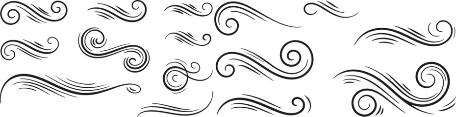 A collection of decorative swirl elements in black and white illustration art