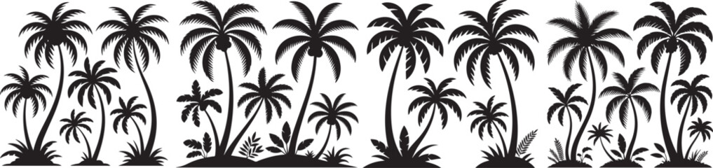 Monochrome silhouette depiction of multiple palm trees in varying sizes and shapes