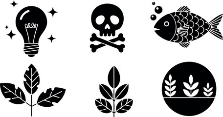 Set of six black vector icons including light bulb skull fish leaves and circle with wheat design for creative environmental concept