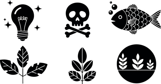 Set of six black vector icons including light bulb skull fish leaves and circle with wheat design for creative environmental concept