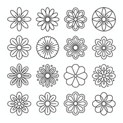 Collection of sixteen black outline flower icons black and white 1