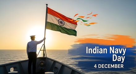 Proud indian sailor salutes waving indian flag on naval ship at sunrise celebrating indian navy day