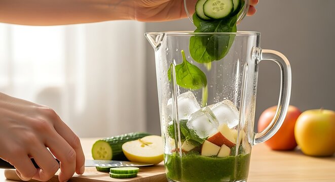 A person prepares a green smoothie by adding sliced cucumber to a blender with ice and fruit on a kitchen counter. - Powered by Adobe