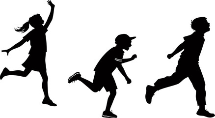 kids running and playing silhouette white backgro