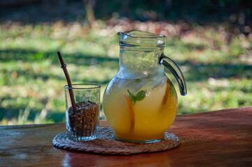 Una jarra de vidrio con jugo de naranja bien frío y un vaso de tereré con yerba mate sobre una mesa de madera en el jardín, bebida refrescante en una tarde de verano.