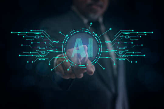 Businessman touching on screen interface AI (Artificial Intelligence). Tech ai analyzing data. Technology artificial intelligence analysis. Ai analyst machine learning. - Powered by Adobe