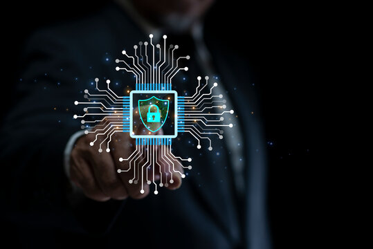 Businessman touching cyber protection data security internet privacy, Internet and technology concept on virtual screen. Online safety, and advanced technology for secure systems