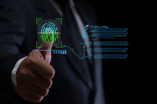 Businessman fingerprint scan provides security access with biometrics identification. Biometric cyber security system and access control concept. Concept of security and access to information