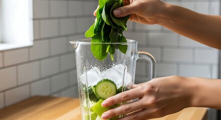 Two hands preparing a refreshing drink with mint leaves, cucumber slices, and ice cubes in a clear blender pitcher on a wooden countertop in a modern kitchen with white subway tiles.